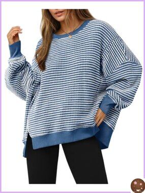 Oversized Waffle Knit Sweatshirt Long Sleeve Crewneck Split Pullover Tunic Top